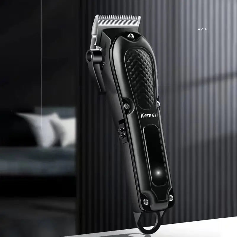 A black professional electric hair clipper trimmer is shown vertically against a dark background.