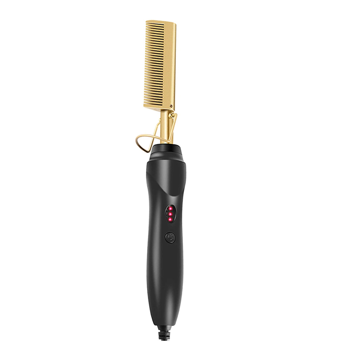 A black and gold 2-in-1 straightening comb with fast heating copper plates.