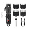 A black professional cordless hair clipper set with various guards and attachments for trimming beard and hair.