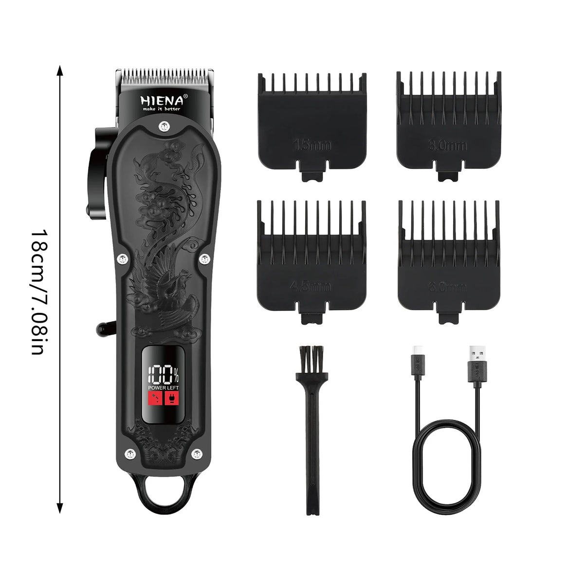 A black professional cordless hair clipper set with various guards and attachments for trimming beard and hair.