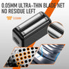 Close-up view of a black 0.05mm ultra-thin blade net shaver with a magnified cross-section.