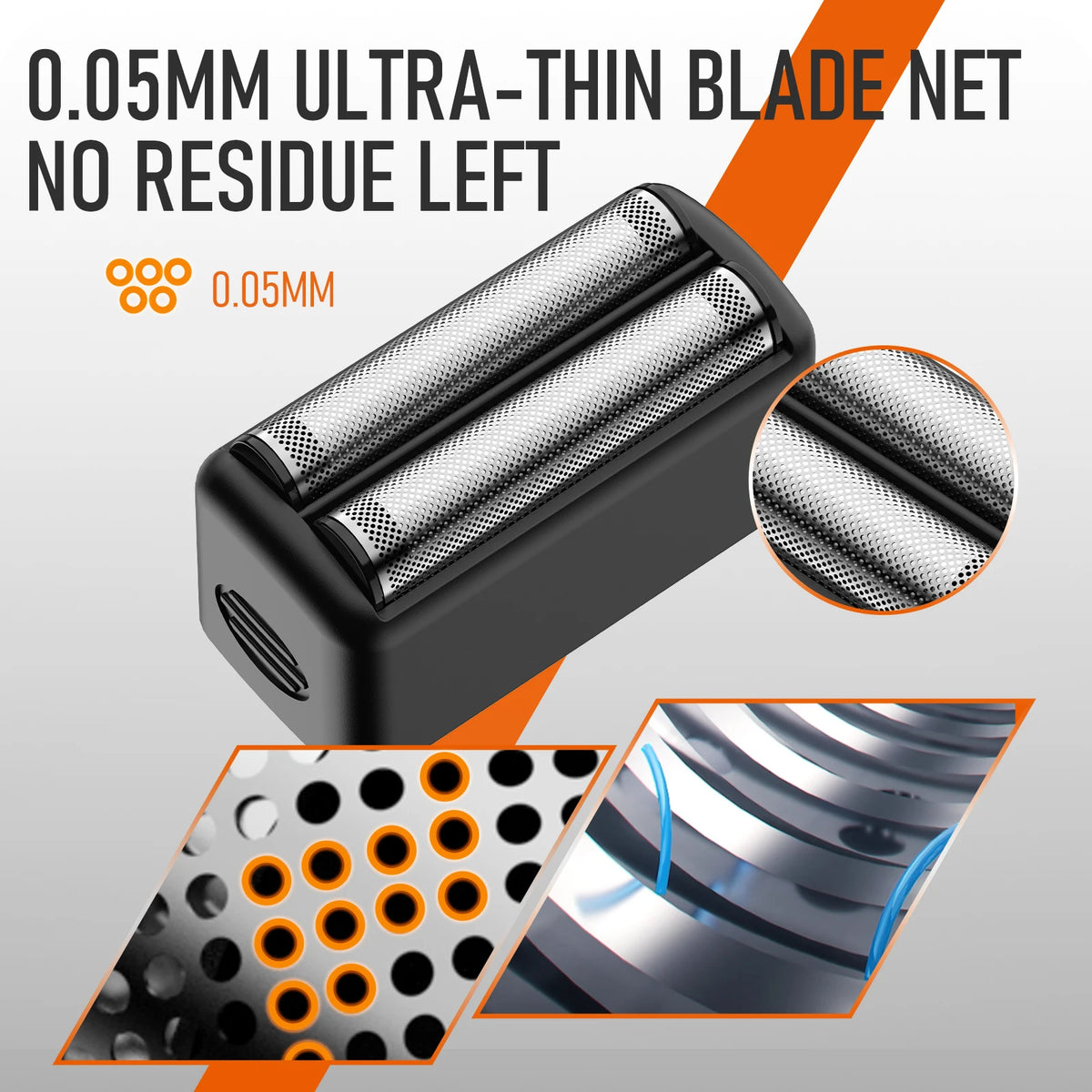 Close-up view of a black 0.05mm ultra-thin blade net shaver with a magnified cross-section.