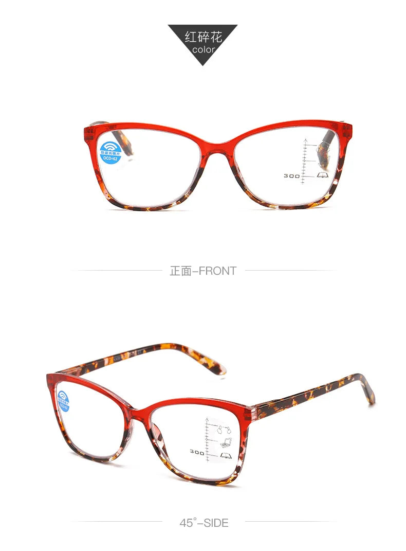 Orange-tinted progressive multifocal reading glasses shown from the front and side angles.
