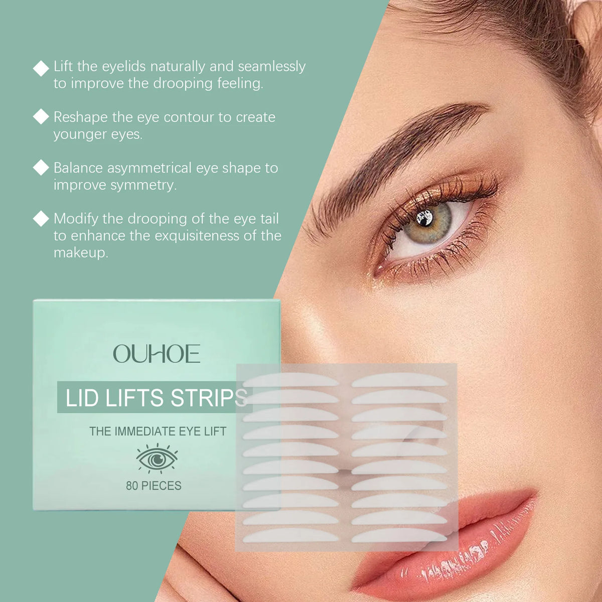Close-up of an eye showing how to apply lid lifts strips for a natural double fold and improved eye shape.