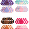 A collection of triangular cosmetic powder puffs in various pastel shades including purple, pink, orange, and mint green.