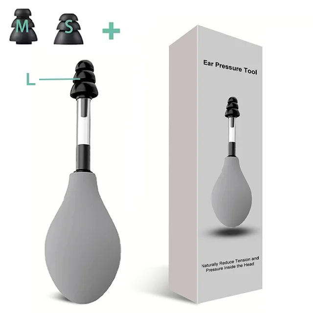 A portable ear pressure relief tool shown with components and the main device inside its box.
