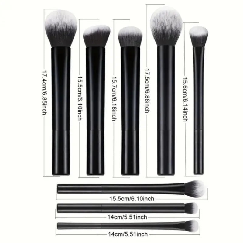 A set of nine different makeup brushes shown standing upright with their dimensions labeled.
