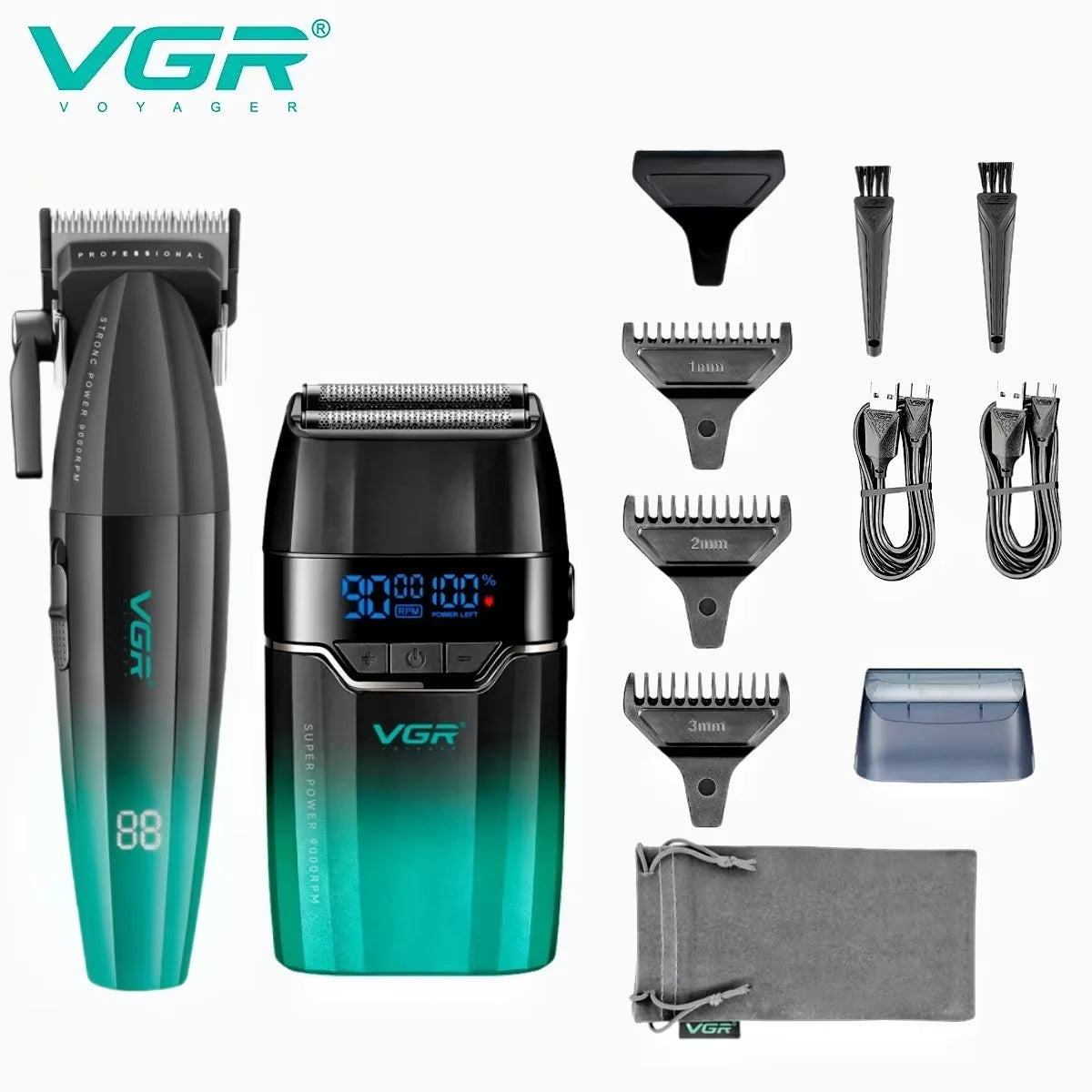 A set of VGR professional cordless hair trimmers including various guards and a carrying case.
