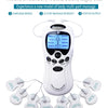 A white digital muscle stimulator device with various gold hand pads and accessories for multi-part massage.