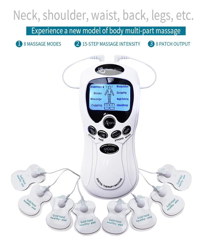 A white digital muscle stimulator device with various gold hand pads and accessories for multi-part massage.