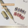 A set of fine line nail painting graffiti pens and a pen tip diameter chart are shown on a white background.