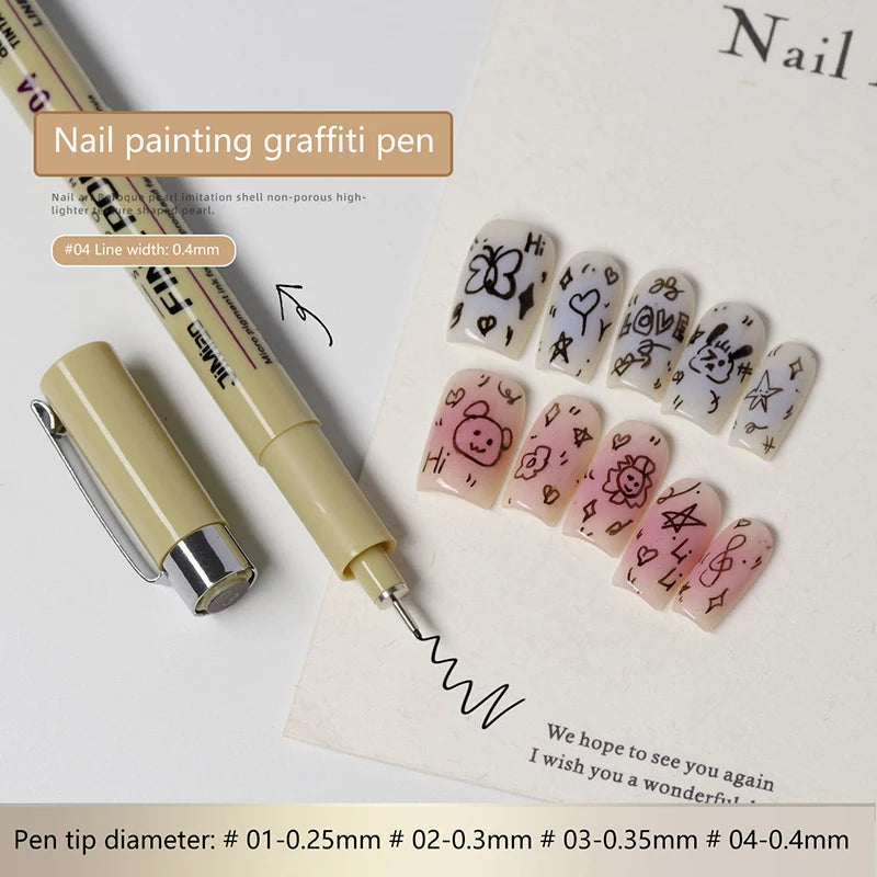 A set of fine line nail painting graffiti pens and a pen tip diameter chart are shown on a white background.