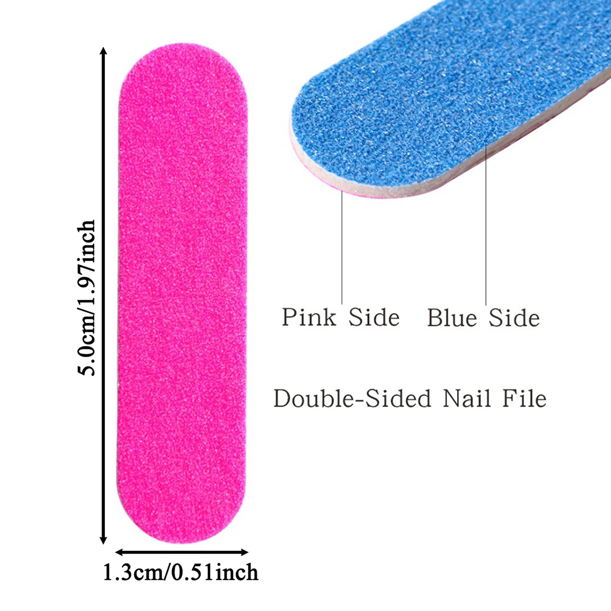 A pink and blue double-sided nail file showing the dimensions of 5.0cm long and 1.3cm wide.