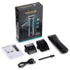 A black professional rechargeable electric body hair clipper set including a trimmer and attachments.