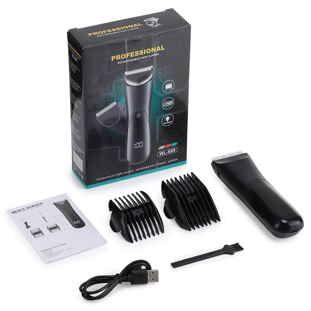 A black professional rechargeable electric body hair clipper set including a trimmer and attachments.