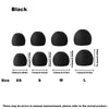 Black silicone earplugs shown in various sizes XS to L