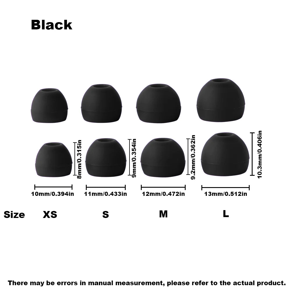 Black silicone earplugs shown in various sizes XS to L