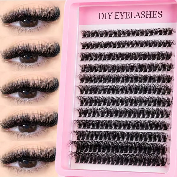 A pink tray displaying various styles of black cluster eyelashes for DIY beauty