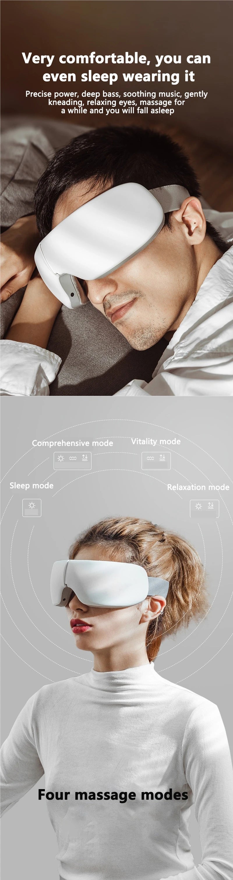 A close-up of a man wearing a white eye massager device while sleeping, demonstrating its use.