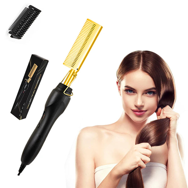 A woman is using a black hair straightener and a gold-colored flat iron comb on her hair.