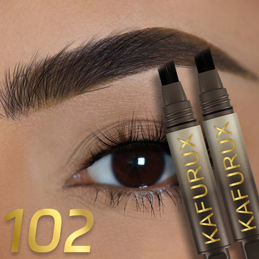 Close-up of a hand applying a dark brown eyebrow pencil to an eye, showing the product packaging.