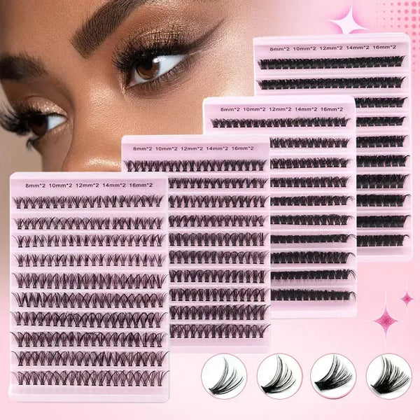 A collection of 10 rows of individual mink false eyelashes displayed on a pink background.