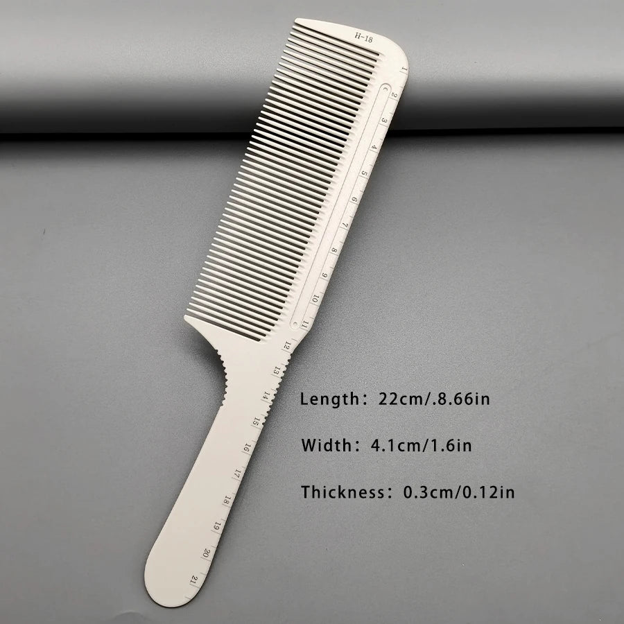 A white plastic hair styling comb with markings showing length, width, and thickness measurements.