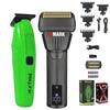 A bright green electric hair clipper trimmer with a black body and gold accents, shown next to its components.