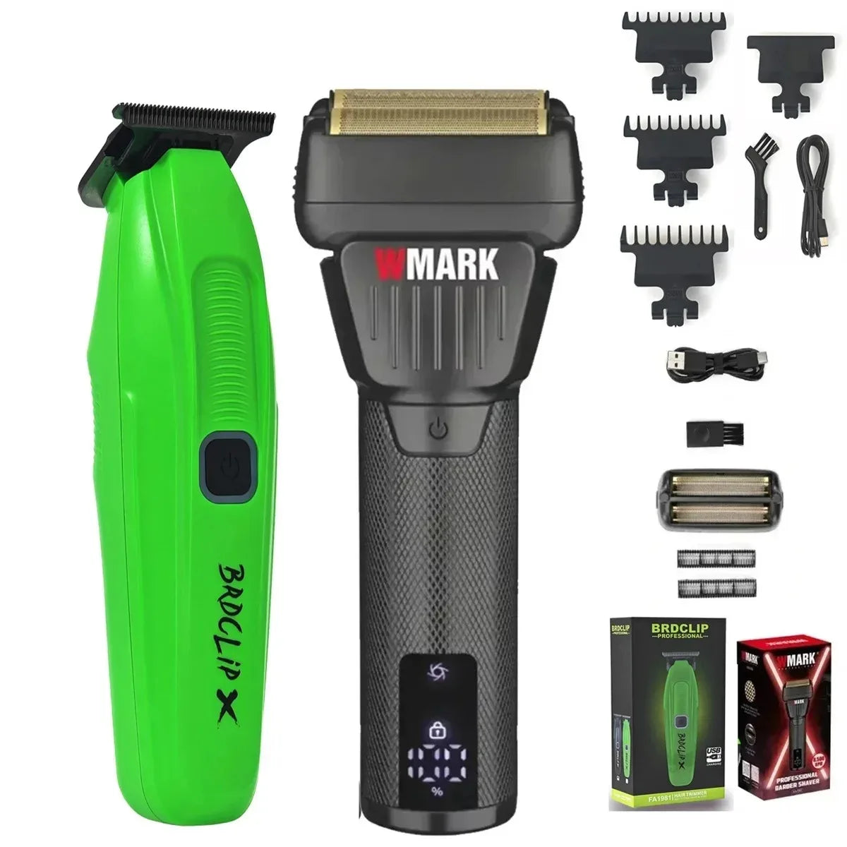 A bright green electric hair clipper trimmer with a black body and gold accents, shown next to its components.