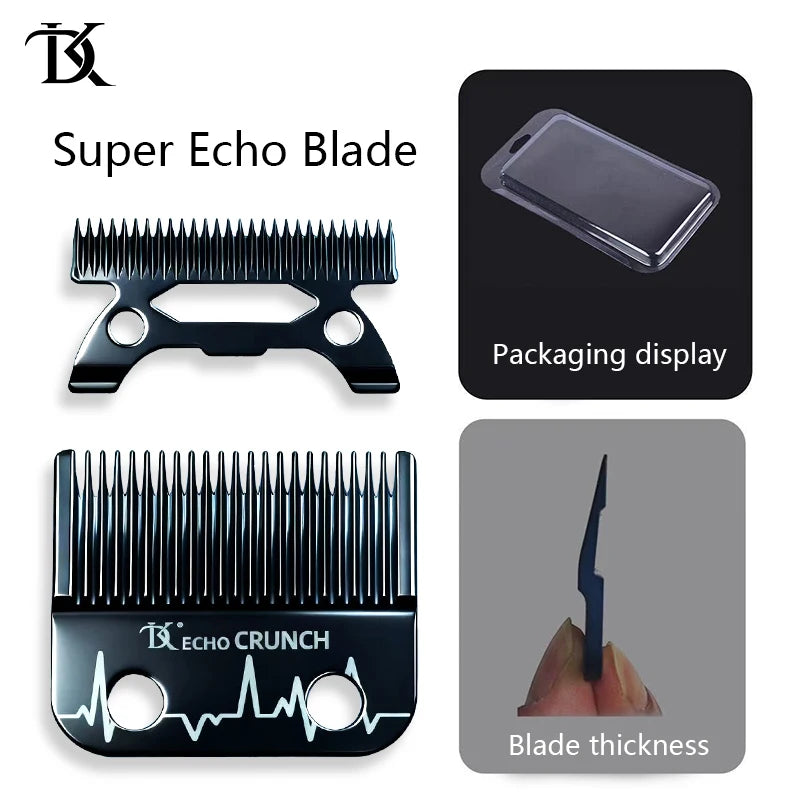 Ein Set von Super Echo-Klingen für eine Keramikhaarschere, die Klinge und deren Dicke zeigt.
