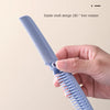 A hand holds a light blue portable folding hairbrush with anti-static bristles, demonstrating its flexible opening and closin