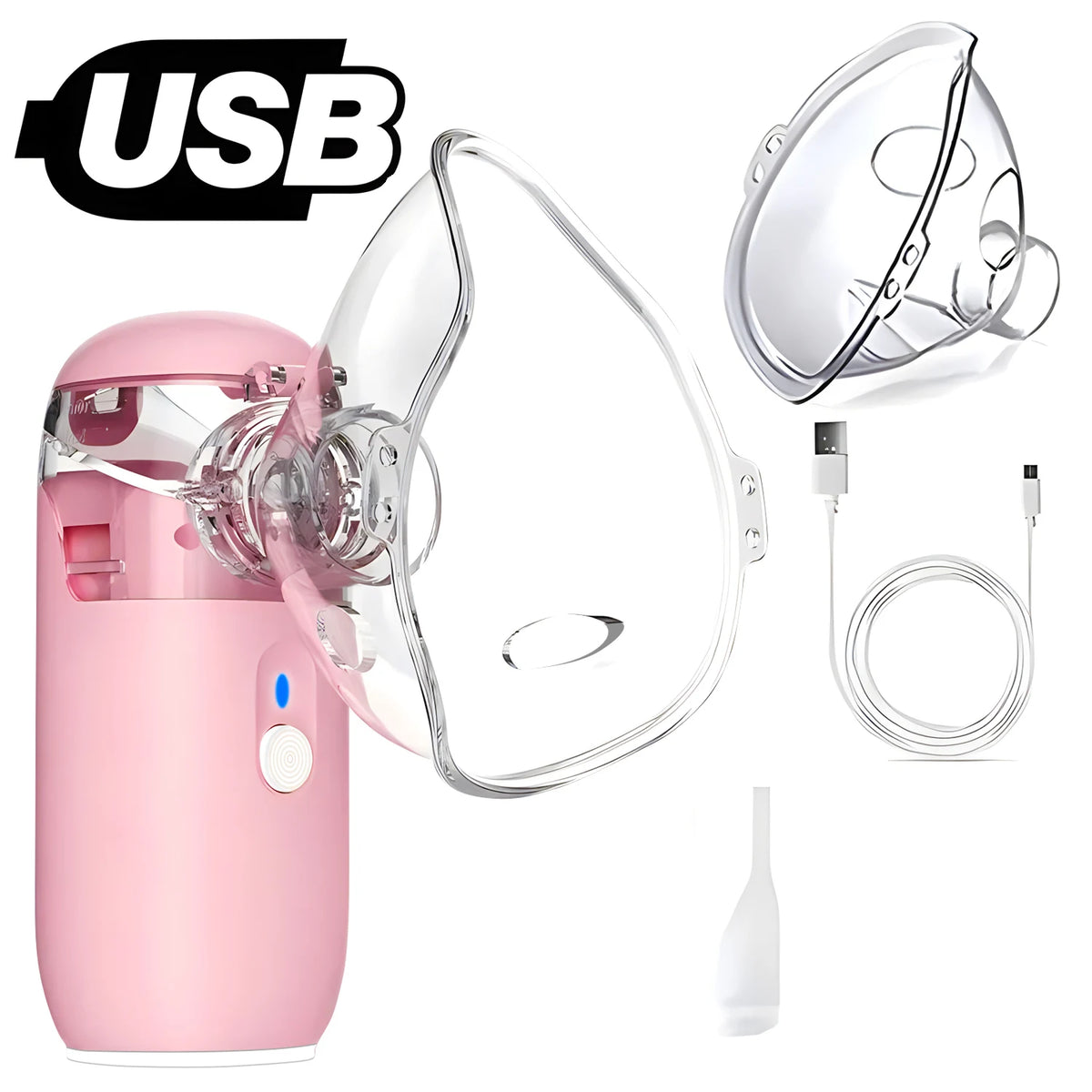 Nebulizador ultrasónico portátil rosa con máscara y tubos transparentes.