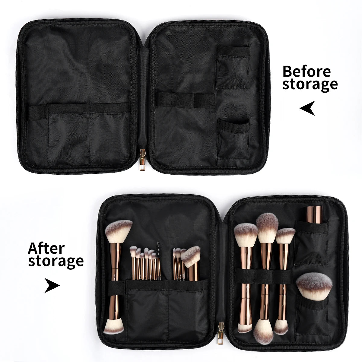 A black travel case opened to show a set of 20 professional makeup brushes inside.