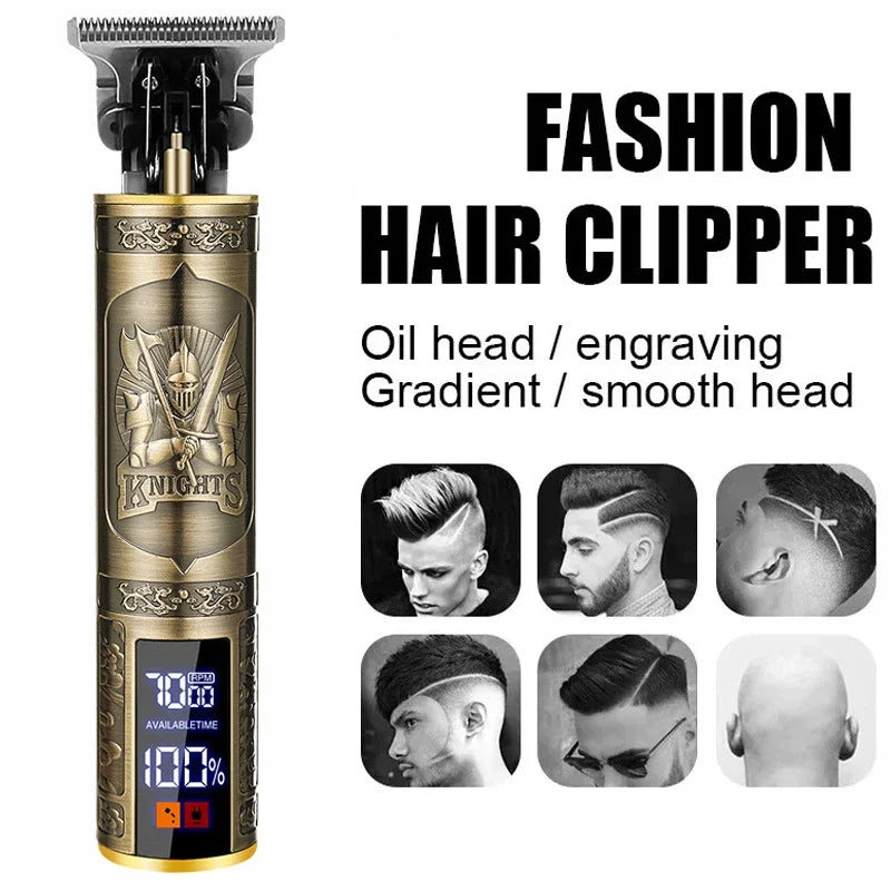 A gold-colored fashion hair clipper with an oil head and engraving gradient design shown in a vertical view.