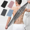 Exfoliating back scrubber bath towel with various striped patterns being used on a person's back.