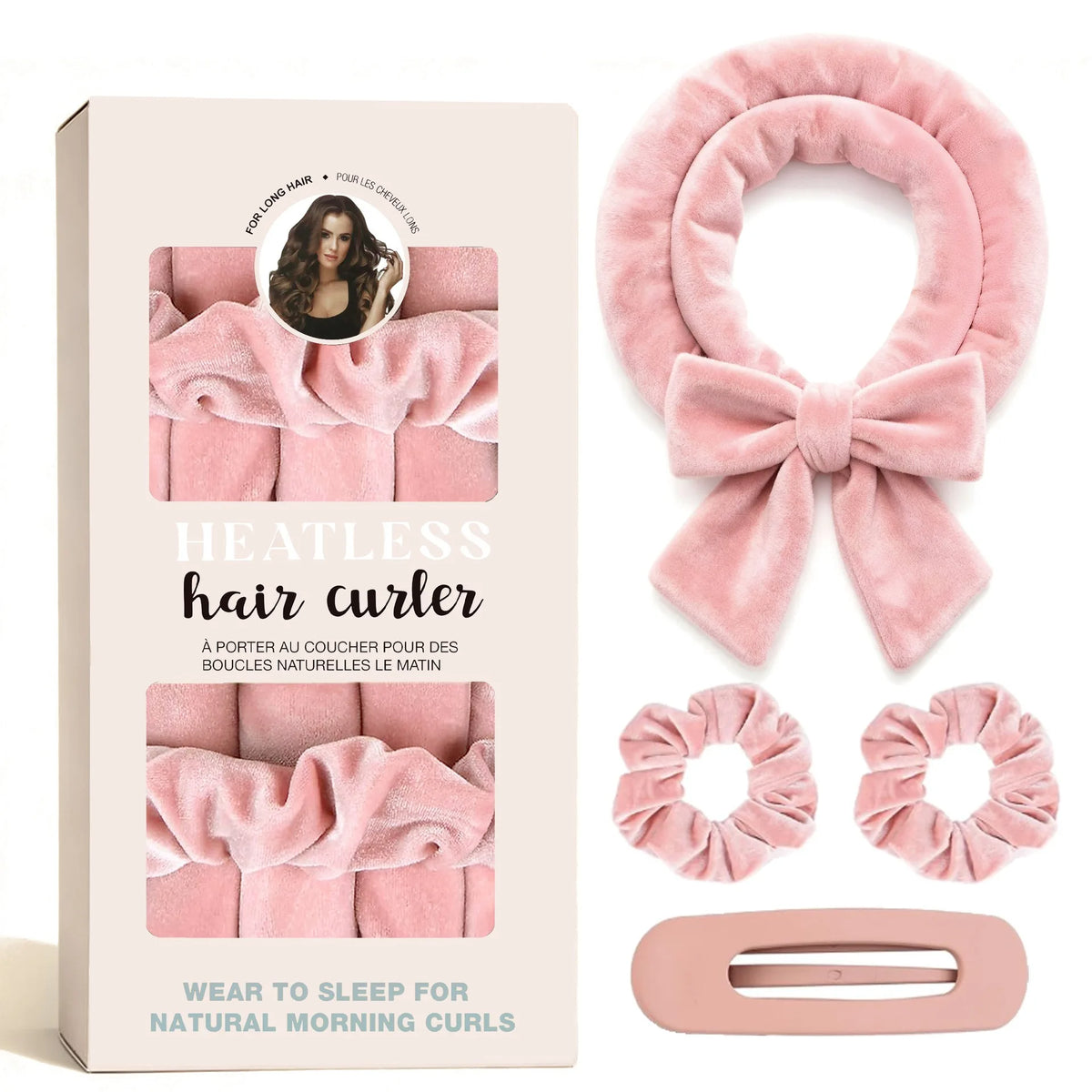 Pink velvet heatless hair curlers with a bow and a clip for natural morning curls