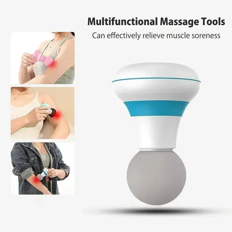 A white and blue multifunctional massage tool is shown with various attachments, demonstrating its use for muscle soreness re