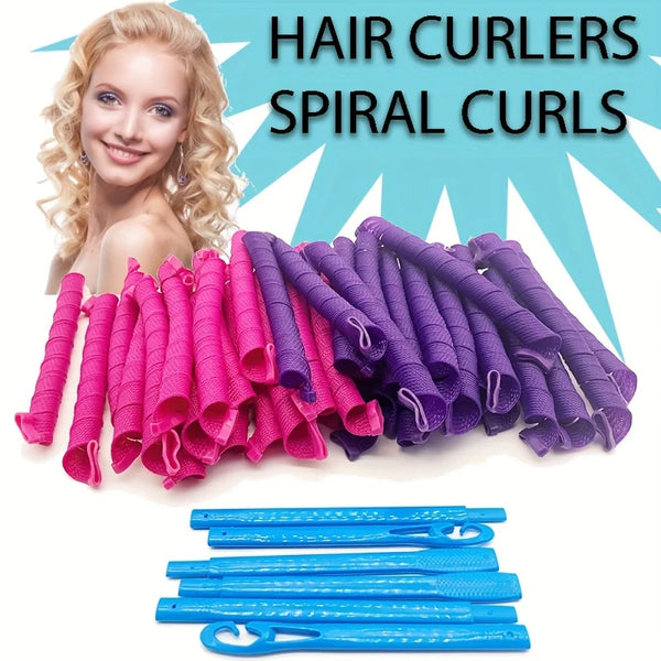 A collection of heatless hair curlers in pink, purple, and blue colors are displayed next to a woman's face.