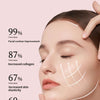 A woman's face showing before and after results of a facial massager treatment for contour lifting, collagen, elasticity, and