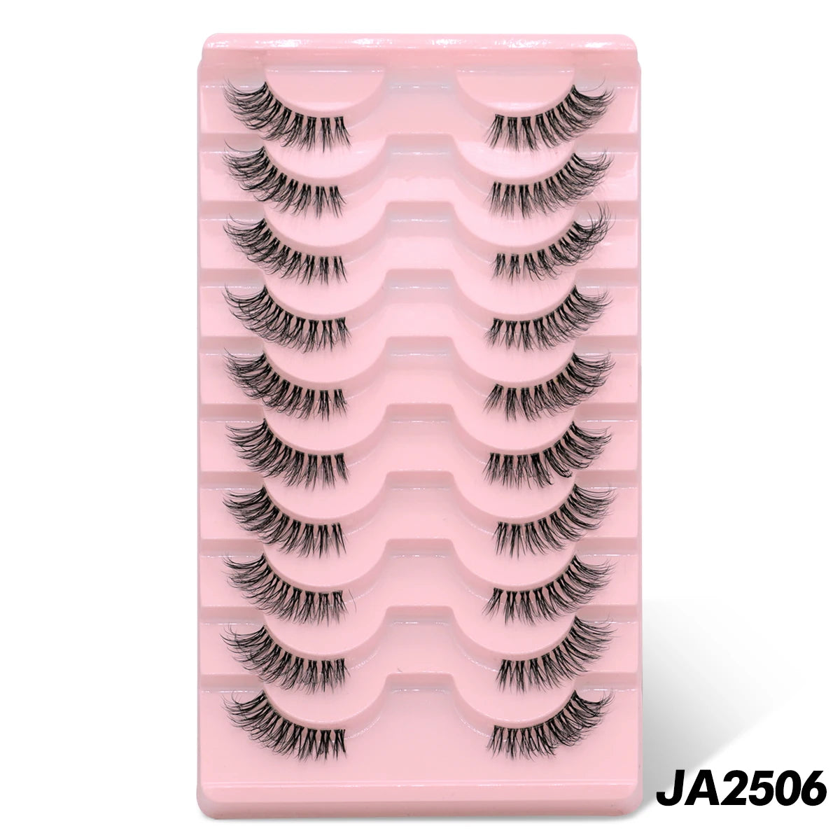 A plastic tray holding ten pairs of clear band cat eye false eyelashes.