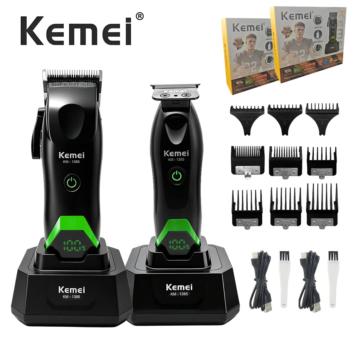 A set of Kemei LED hair clippers and trimmers, including various guard attachments and charging bases.