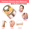 A multi-function painless electric hair remover device shown with attachments for face, armpit, legs, bikini area, and hands.