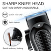 Close-up of a black electric hair trimmer head with a sharp cutting blade and safety features.