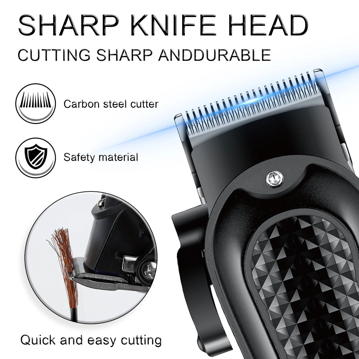 Close-up of a black electric hair trimmer head with a sharp cutting blade and safety features.