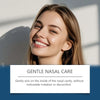 A woman smiling gently while a text box describes gentle nasal care for relief.