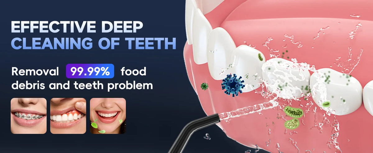 A close-up of a pink gum model showing teeth and food debris being cleaned by a water flosser.