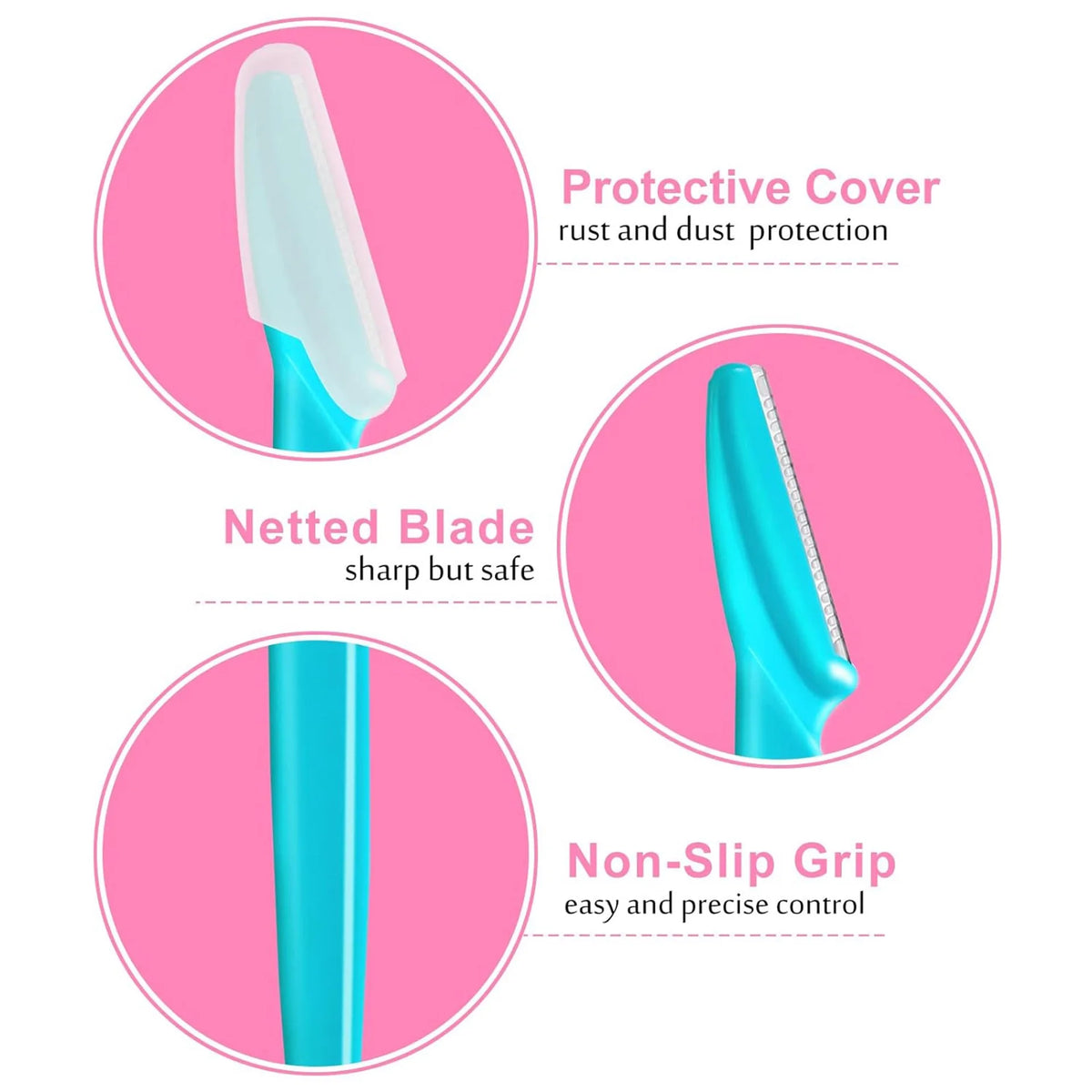 Diagram showing the components of a stainless steel eyebrow trimmer kit including a protective cover, a netted blade, and a n