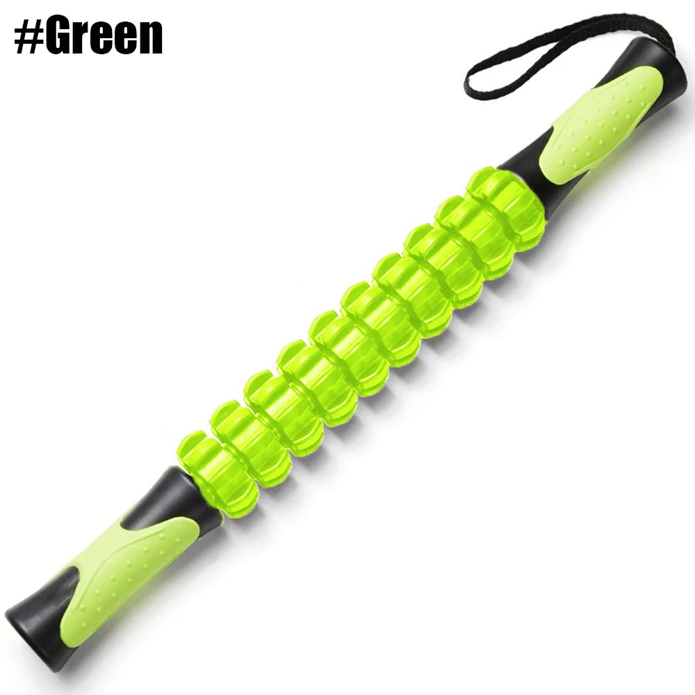 A bright green manual muscle roller stick with a black handle and a strap, designed for deep tissue massage.