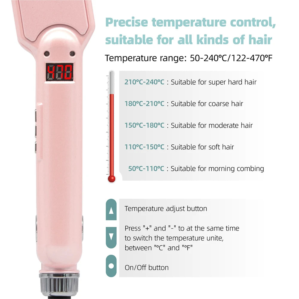 Pink professional hair straightener with temperature settings and adjust buttons