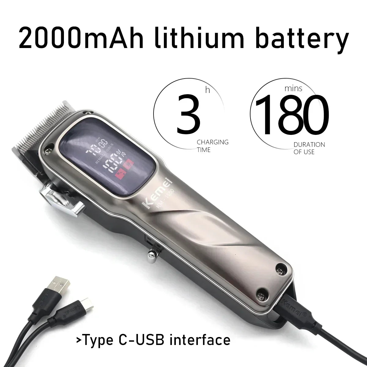 A cordless hair clipper with a silver body and LED display showing 3 hours of charging time and 180 minutes of usage.